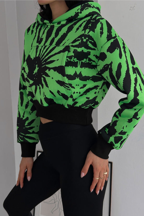 Kapüşonlu Kanguru Cepli Renkli 3 İplik Şardonlu Crop Sweatshirt - Yeşil