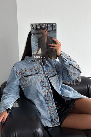 Kadın Çıtçıt Düğmeli Taş Püsküllü Komple Nakış İşlemeli Denim Ceket - Mavi