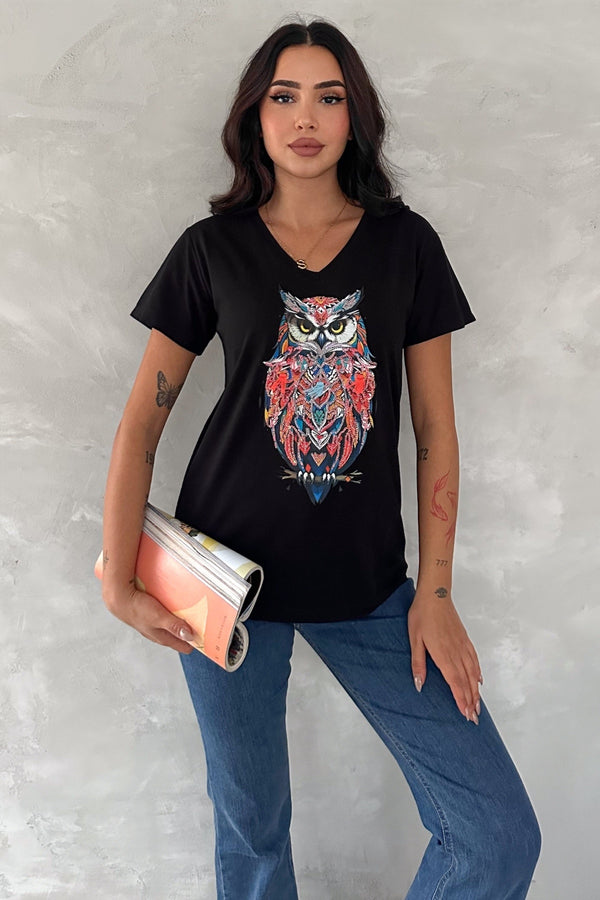 Kadın V Yaka Baykuş Pul Payet İşlemeli %100 Pamuk T-Shirt - Siyah