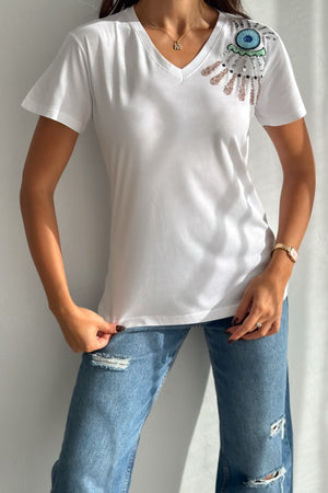 Kadın V Yaka Omzu Nakış Ve Pul Payet İşlemeli %100 Pamuk T-Shirt - Beyaz