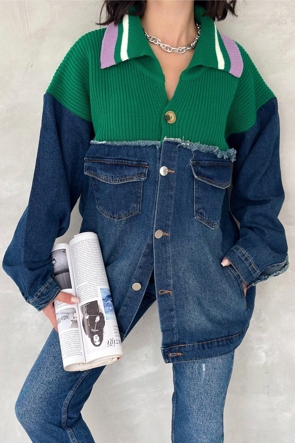 Kadın Standart Beden Düğmeli Püsküllü Triko Detaylı Oversize Kot Ceket - Mavi
