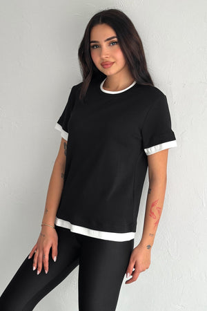 Kadın Yuvarlak Yaka Şerit Detaylı %100 Pamuk T-shirt - Siyah