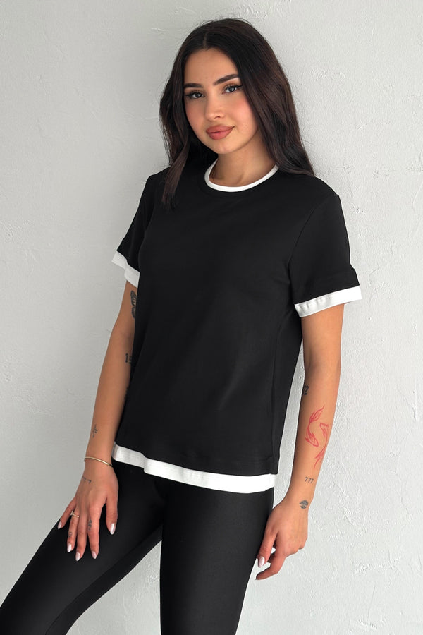 Kadın Yuvarlak Yaka Şerit Detaylı %100 Pamuk T-shirt - Siyah