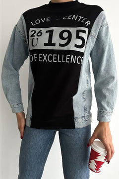 Kadın Baskılı Kolu Kot Içi Şardonlu Pamuk Sweatshirt - Siyah