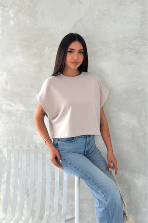 Kadın Yuvarlak Yaka Modal Kumaş Basic T-shirt - Bej