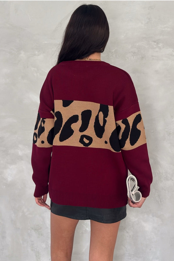 Kadın Standart Beden Leopar Desen Oversize Triko Kazak - Bordo