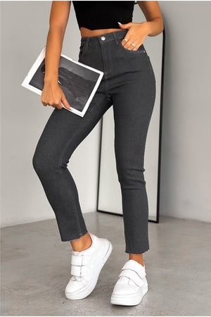Yüksek Bel Paçası Kesik İçi Şardonlu Slim Fit Mom Jean - Gri