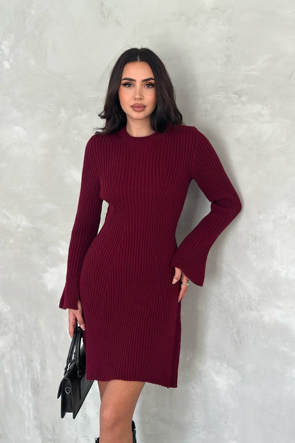 Kadın Standart Beden Kol Detaylı Triko Elbise - Bordo