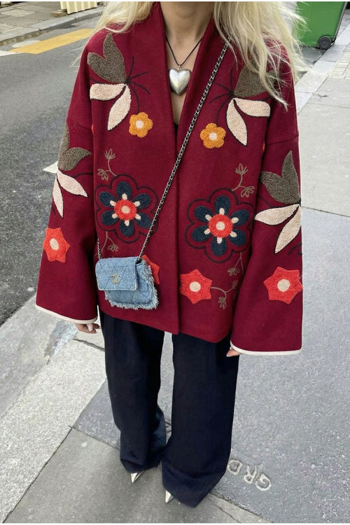 Nakış İşlemeli Vintage Kaşe Ceket - Bordo