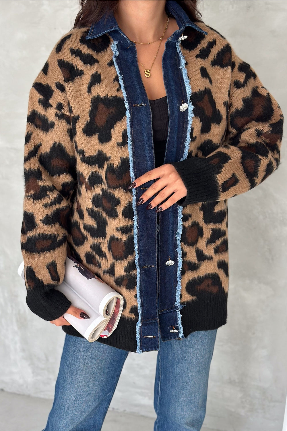 Kadın Desen Standart Beden Kot Detaylı Taş Düğmeli Tasarım Oversize Triko Hırka - Leopar