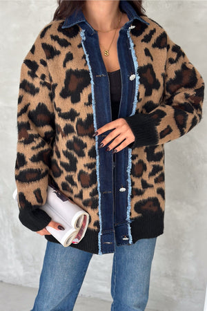 Kadın Desen Standart Beden Kot Detaylı Taş Düğmeli Tasarım Oversize Triko Hırka - Leopar
