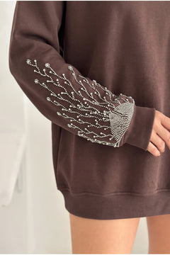 Kolları Boncuk Ve Taş İşlemeli %100 Pamuk Sweatshirt - Kahverengi