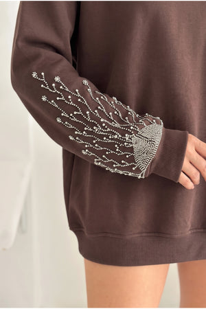 Kolları Boncuk Ve Taş İşlemeli %100 Pamuk Sweatshirt - Kahverengi