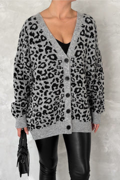 Kadın Leopar Desen Oversize Triko Hırka - Gri