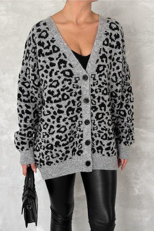Kadın Leopar Desen Oversize Triko Hırka - Gri