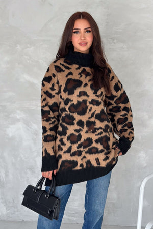 Kadın Desen Standart Beden Oversize Boğazlı Triko Kazak - Leopar