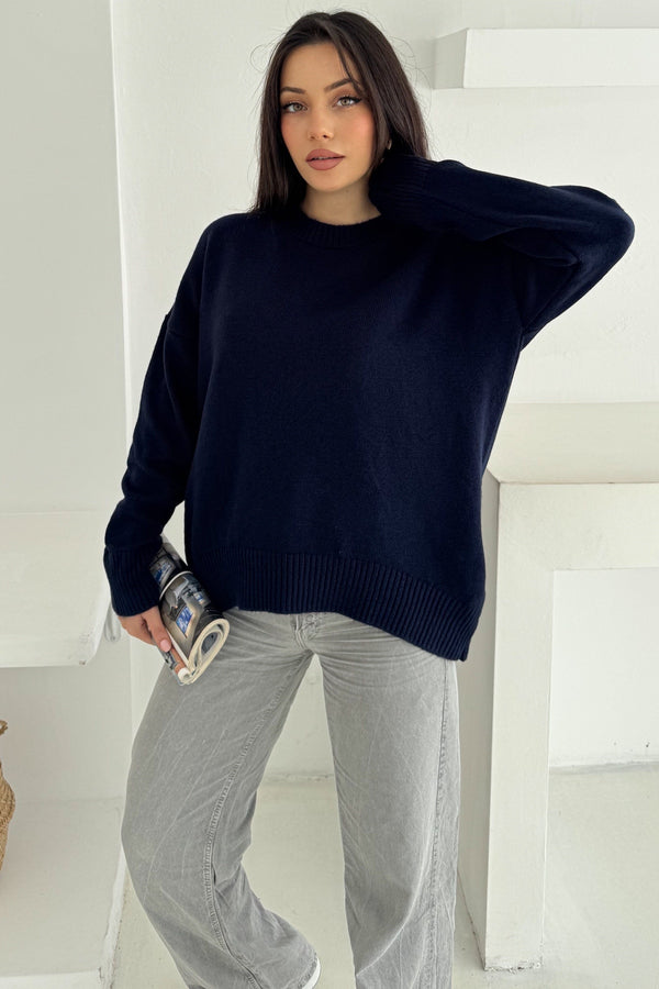 Kadın Standart Beden Oversize Basic Triko Kazak - Lacivert
