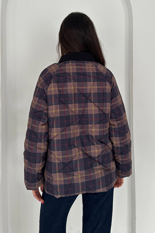 Kadın Kadife Yaka Detaylı Ekose Çıtçıt Düğme Kapitone Astarlı Oversize Mont - Lacivert