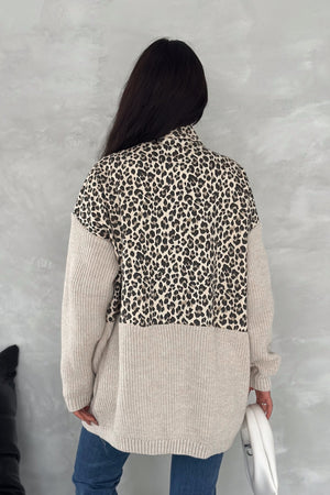 Kadın Haki Leopar Desen Standart Beden Triko Detaylı Tasarım Oversize Kot Ceket - Açık Haki