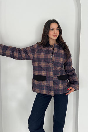 Kadın Kadife Yaka Detaylı Ekose Çıtçıt Düğme Kapitone Astarlı Oversize Mont - Lacivert