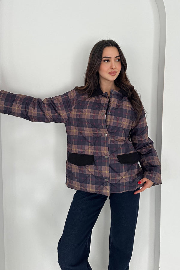 Kadın Kadife Yaka Detaylı Ekose Çıtçıt Düğme Kapitone Astarlı Oversize Mont - Lacivert