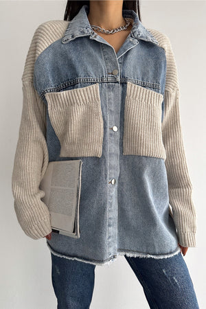 Kadın Kolları Ve Cebi Trikolu Oversize Denim Kot Garnili Hırka - Bej