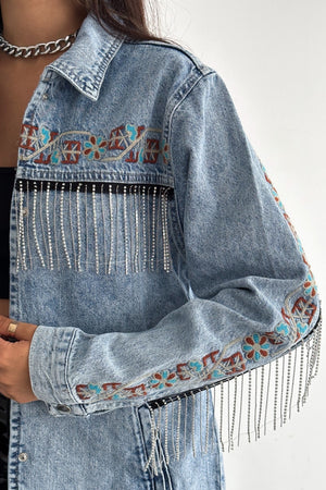 Kadın Çıtçıt Düğmeli Taş Püsküllü Komple Nakış İşlemeli Denim Ceket - Mavi