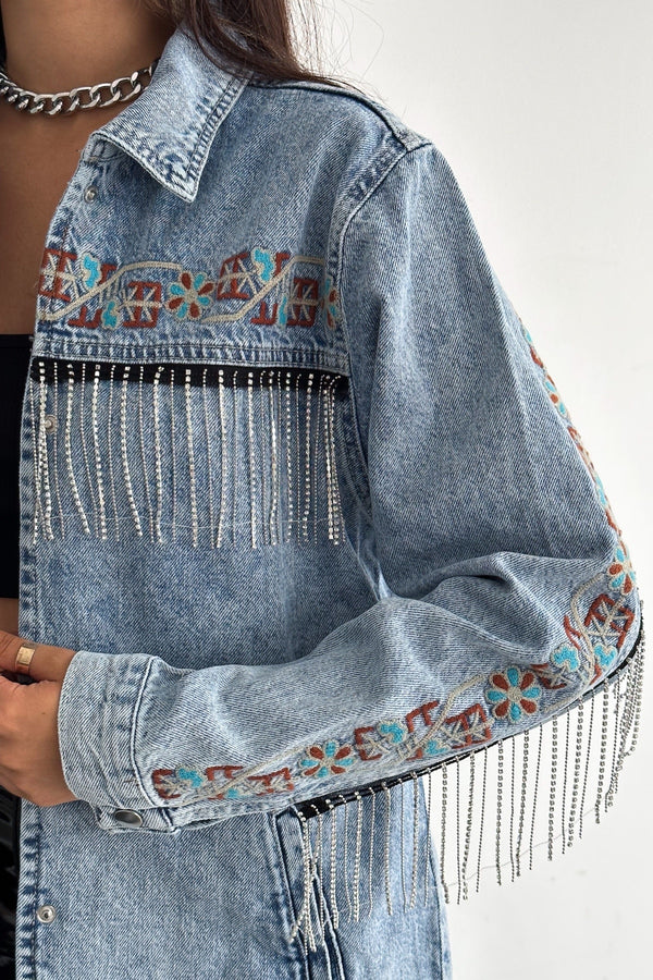 Kadın Çıtçıt Düğmeli Taş Püsküllü Komple Nakış İşlemeli Denim Ceket - Mavi