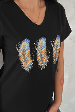 Kadın V Yaka 3 Tüy Pul Payet İşlemeli %100 Pamuk T-Shirt - Siyah