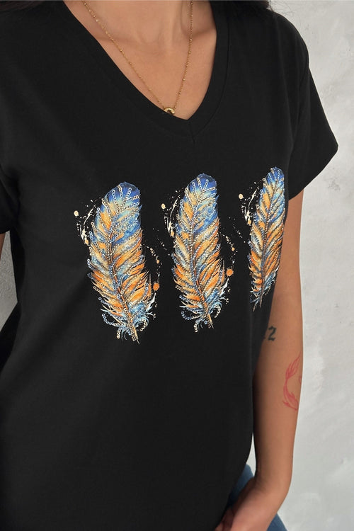Kadın V Yaka 3 Tüy Pul Payet İşlemeli %100 Pamuk T-Shirt - Siyah