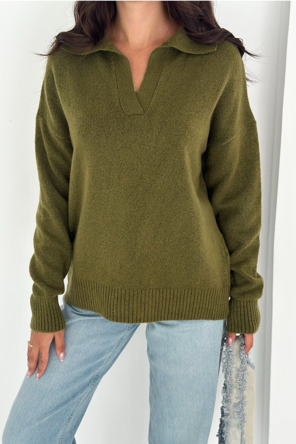 Kadın Polo Yaka Oversize Triko Kazak - Standart Beden Yumuşak Dokulu - Haki