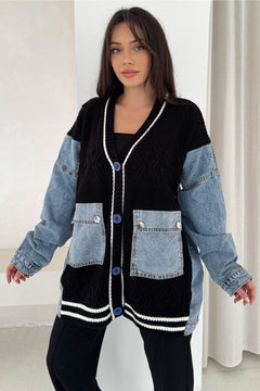 Oversize Jean Cep Ve Kol Detaylı Örme Triko Hırka - Siyah