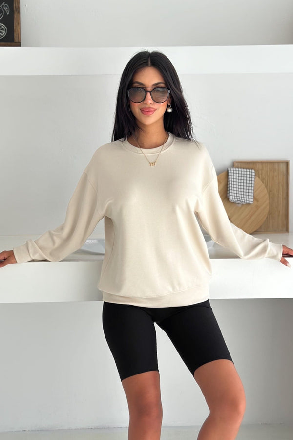 Modal Kumaş Basic Sweatshirt - Bej