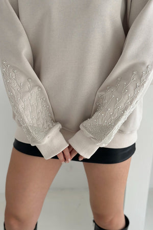 Kolları Boncuk Ve Taş İşlemeli %100 Pamuk Sweatshirt - Bej