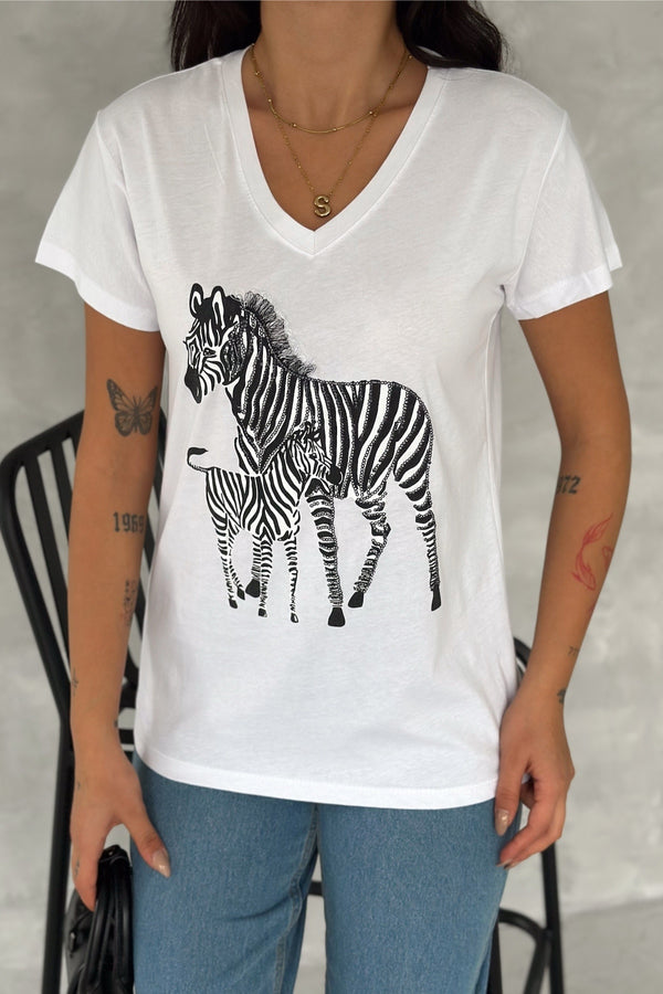 Kadın V Yaka Zebra Desen Pul Payet İşlemeli %100 Pamuk Tişört - Beyaz