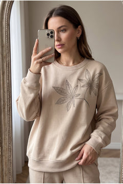 Yaprak Desen Boncuk İşlemeli %100 Pamuk Sweatshirt - Bej