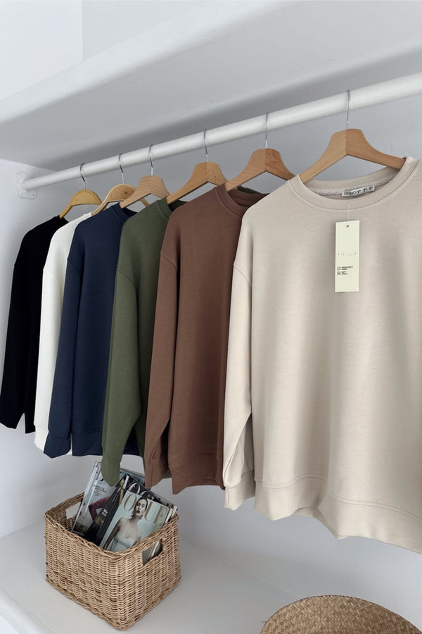 Modal Kumaş Basic Sweatshirt - Bej