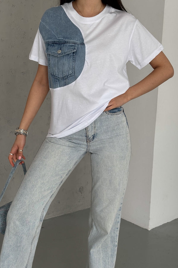 Kadın Denim Kot Detaylı Cepli Tasarım Pamuklu Tişört - Beyaz