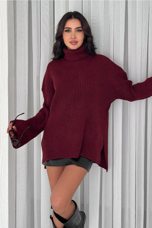 Kadın Standart Beden Basic Boğazlı Oversize Triko Kazak - Bordo