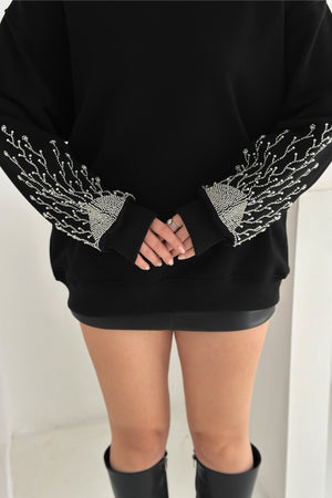 Kolları Boncuk Ve Taş İşlemeli %100 Pamuk Sweatshirt - Siyah