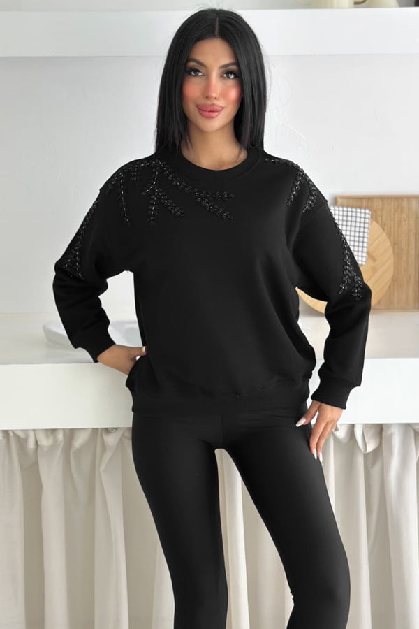 Boncuk Ve Pul İşlemeli %100 Pamuk Sweatshirt - Siyah