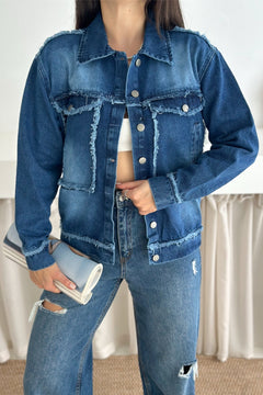 Kadın Saçaklı Dikiş Detaylı Oversize Denim Kot Ceket - Mavi
