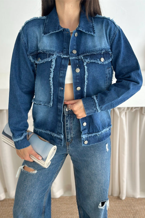 Kadın Saçaklı Dikiş Detaylı Oversize Denim Kot Ceket - Mavi