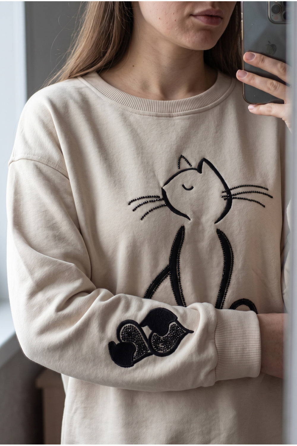 Kedi Nakışlı Boncuk İşlemeli %100 Pamuk Sweatshirt - Bej
