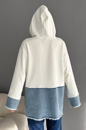 Kadın Kapüşonlu Kot Denim Detaylı Düğmeli Tasarım Sweatshirt - Beyaz