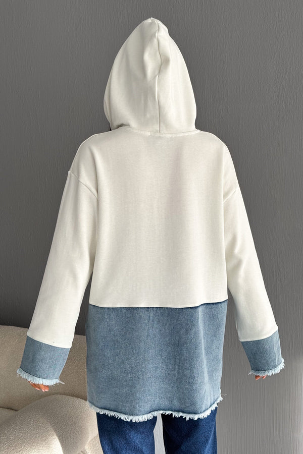 Kadın Kapüşonlu Kot Denim Detaylı Düğmeli Tasarım Sweatshirt - Beyaz