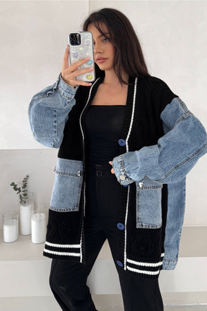 Oversize Jean Cep Ve Kol Detaylı Örme Triko Hırka - Siyah