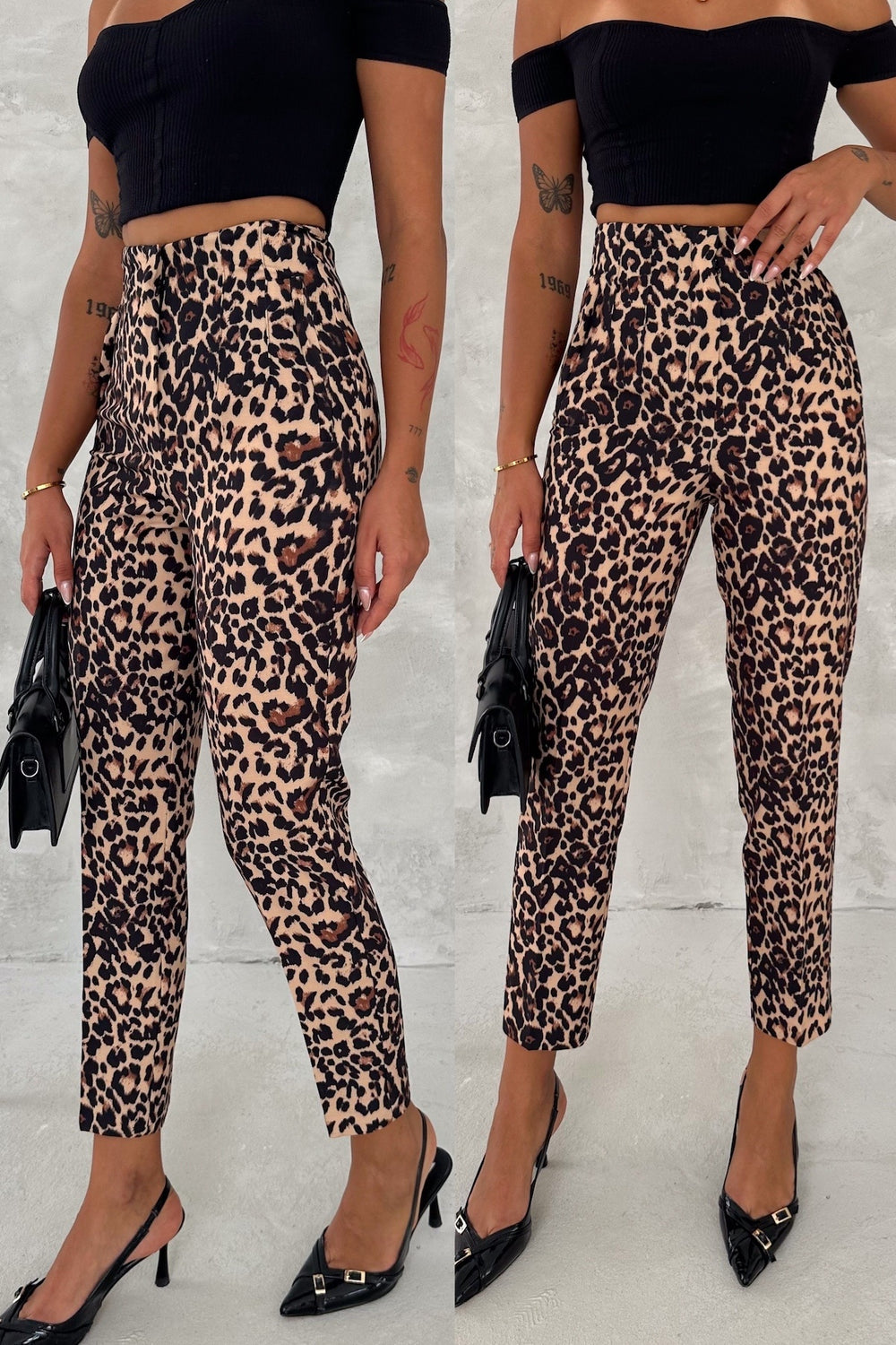 Kadın Yüksek Bel Leopar Desenli Çimalı Kumaş Pantolon - Kahverengi