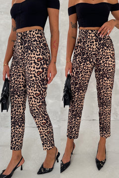 Kadın Yüksek Bel Leopar Desenli Çimalı Kumaş Pantolon - Kahverengi