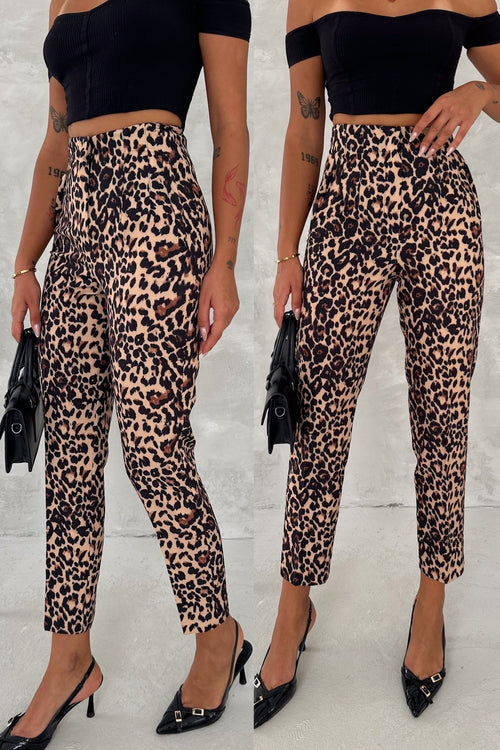 Kadın Yüksek Bel Leopar Desenli Çimalı Kumaş Pantolon - Kahverengi